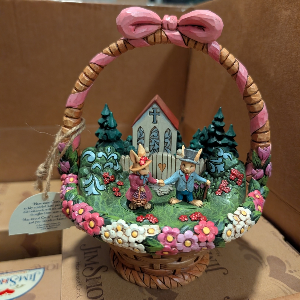 Jim Shore "Bless This Day" Pink and Green Floral Decor Accent Basket Easter
